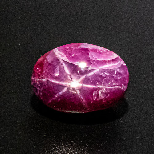 Star Ruby from India. 4.83 Carat. From Mysore, Karnataka. Shows the usual excessive pavilion, which, however, does not only increase weight but also improves the quality of the star.